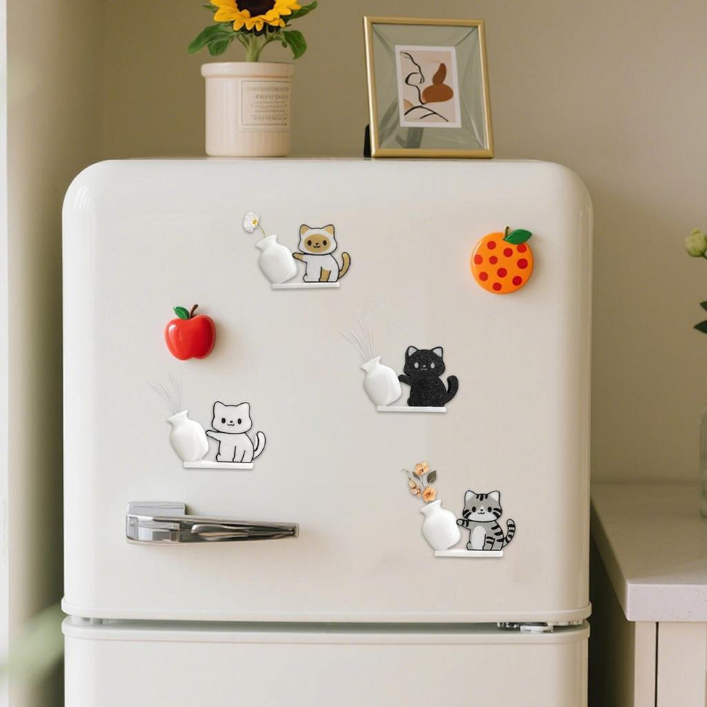 4Pcs Acrylic Cat Pushing Vase Refrigerator Magnets Fridge Magnet Cat Whisker Collection Memorial Box Home Kitchen Decor For Gift