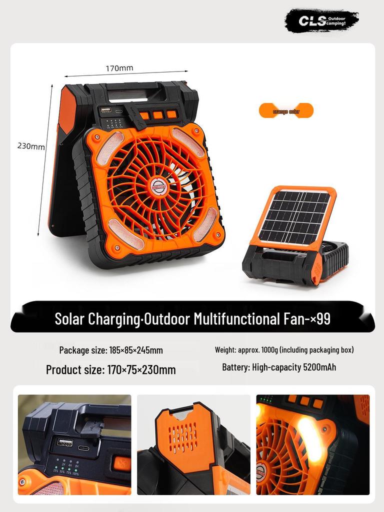 Solar-Powered Portable Camping Fan with USB Charging and LED Light