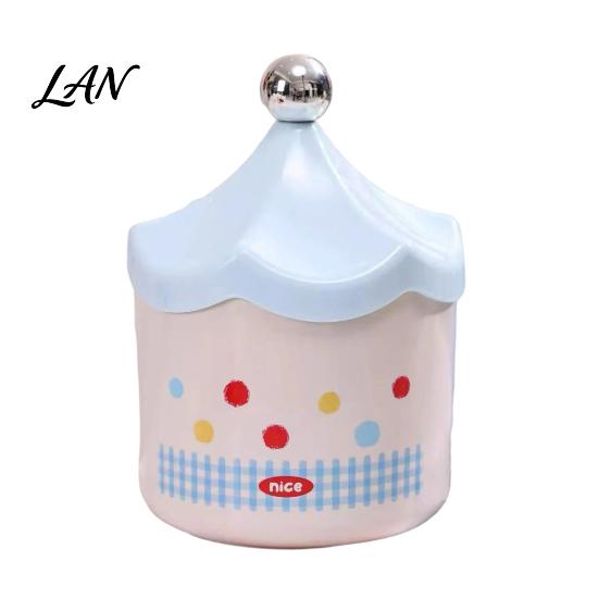 Bedroom Trash Can Desktop with Flip-top Lid, Macaron Colors Castle Roof Shape, Small Countertop Bin Decorative Mini Storage for Office Desk
