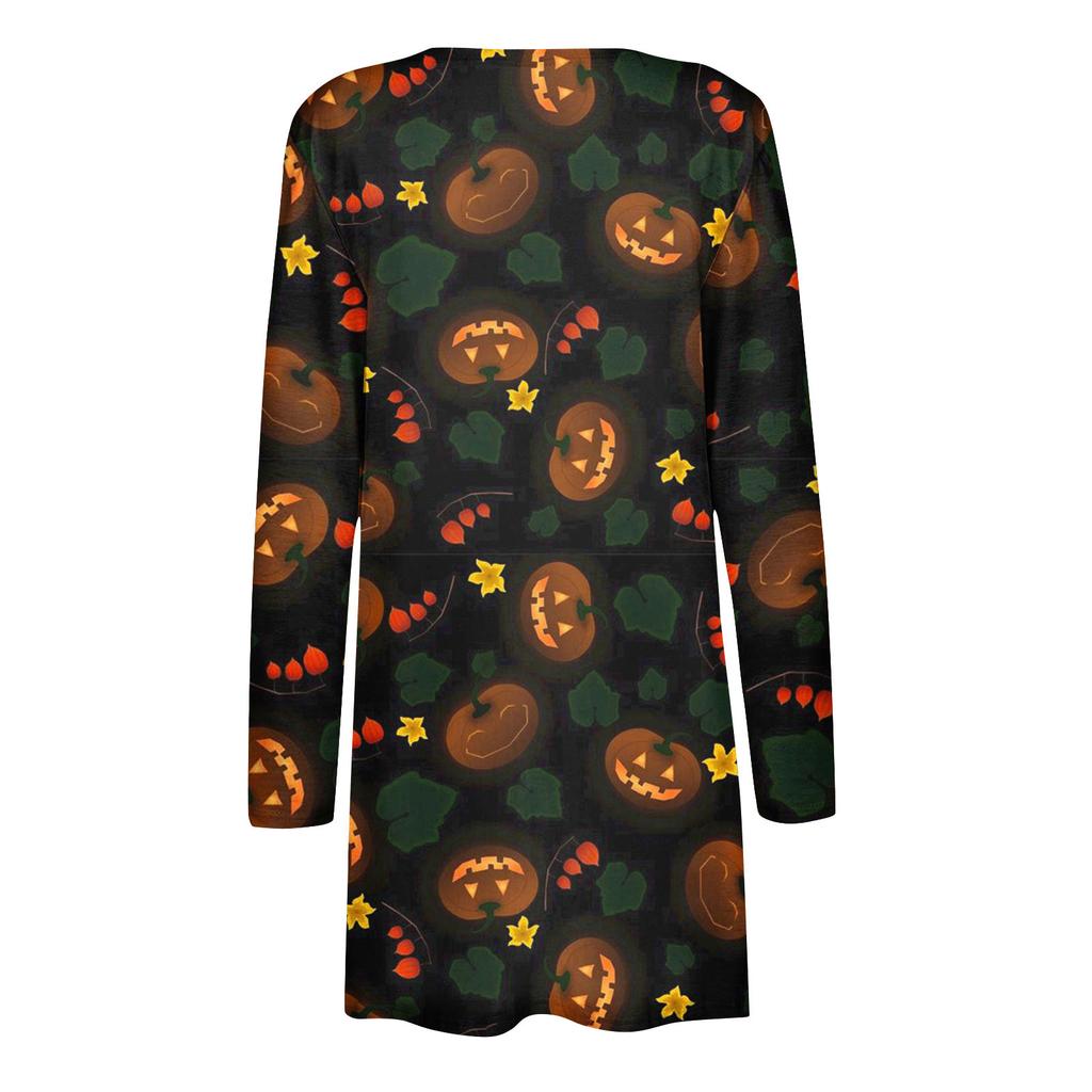 Женская мода, повседневный кардиган с принтом на Хэллоуин, средней длины, с длинными рукавами, пальто