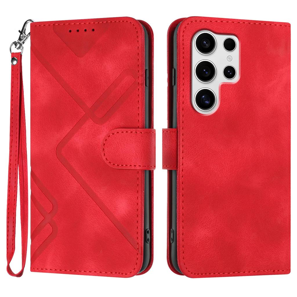 For Samsung Galaxy S25 Ultra Wallet Case Line Imprinted PU Leather Phone Cover with Strap