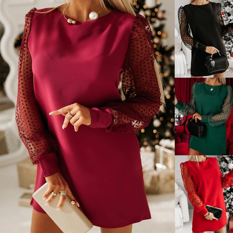Весенняя женская одежда Импортное женское платье с круглым вырезом, однотонное, сетчатое, с длинным рукавом, короткой длины