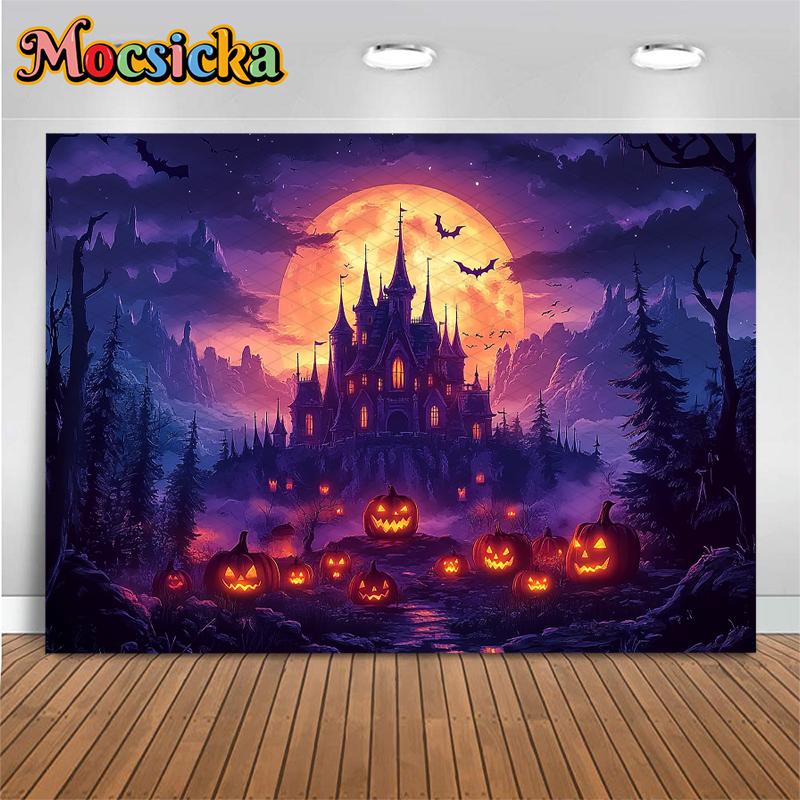 Mocsicka Halloween Purple Castle Photo Background Night Terror Forest Tree Bat Jack-O-Lanterns Party Decors Photography Backdrop