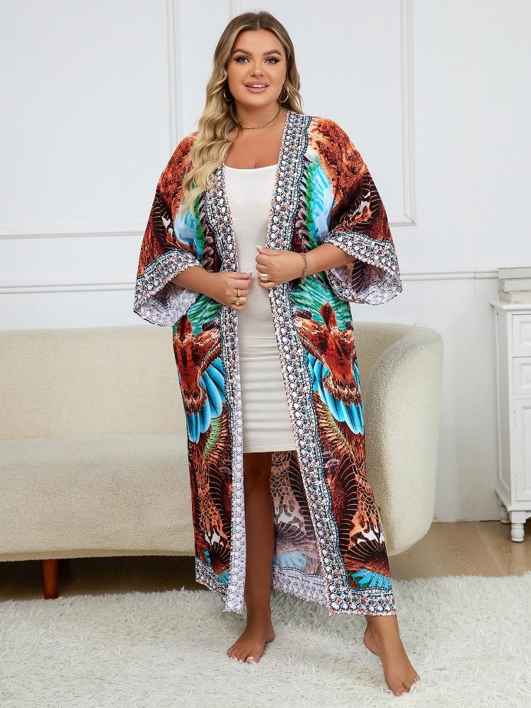 EDOLYNSA Коричневое непринужденное кимоно-кардиган с принтом, женское пляжное накидка для пляжного отдыха, купальный костюм для вечеринки в стиле бохо, универсальная уютная легкая куртка Туника Q1512