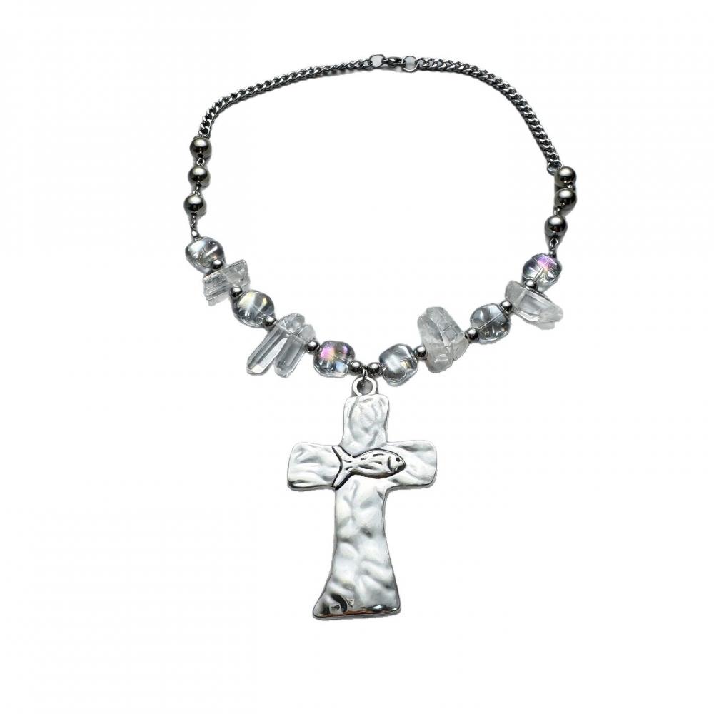 Hiphop Punk Silver Color Cross Pendant Necklace for Women Gothic Irregular Transparent Crystal Bead Necklace Street Jewelry Gift