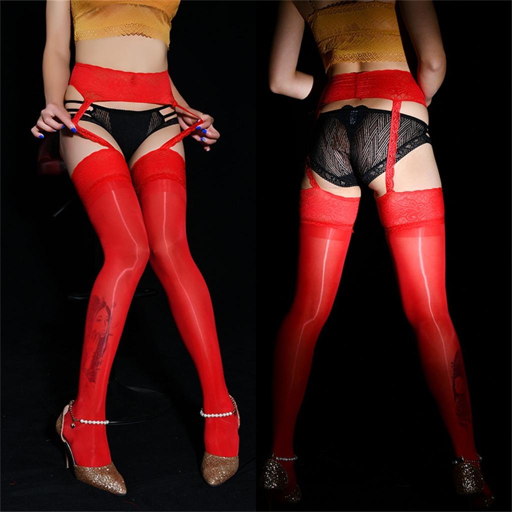 Women Lady Sexy Shiny Glossy Sheer Thigh High Lace Stockings with Garter Belts Pantyhose Hosiery