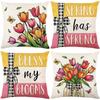 Spring Tulip Printed Pillow Cover Letter Floral Decor Sofa Cushion Cover Home Cushion Linen