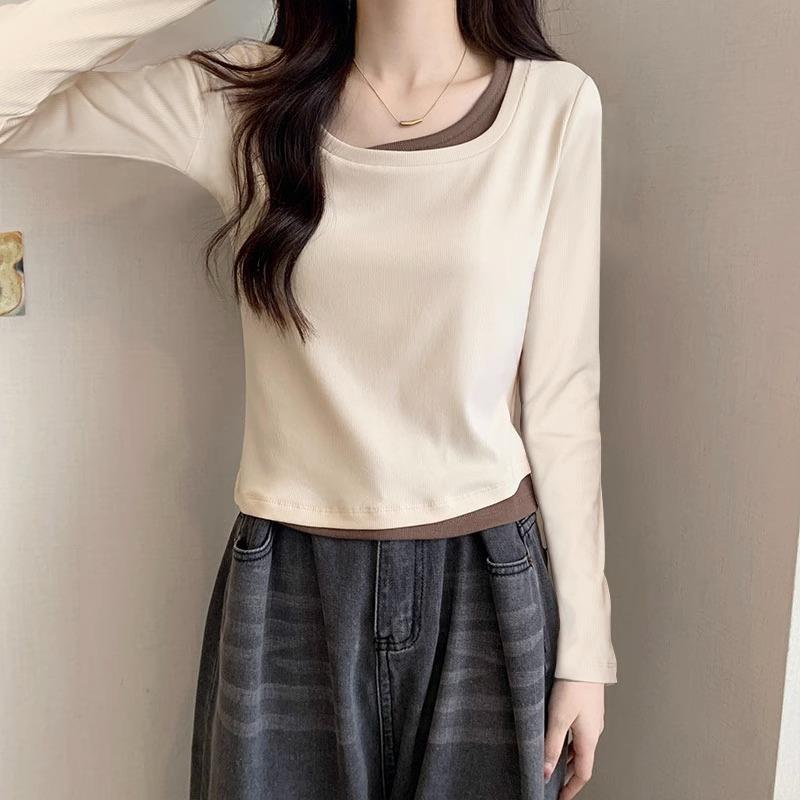 Квадратный воротник, правое плечо, футболка с длинными рукавами, женская рубашка-низ, осенний дизайн, имитация двух частей, контрастный цвет, укороченный крой, утягивающий