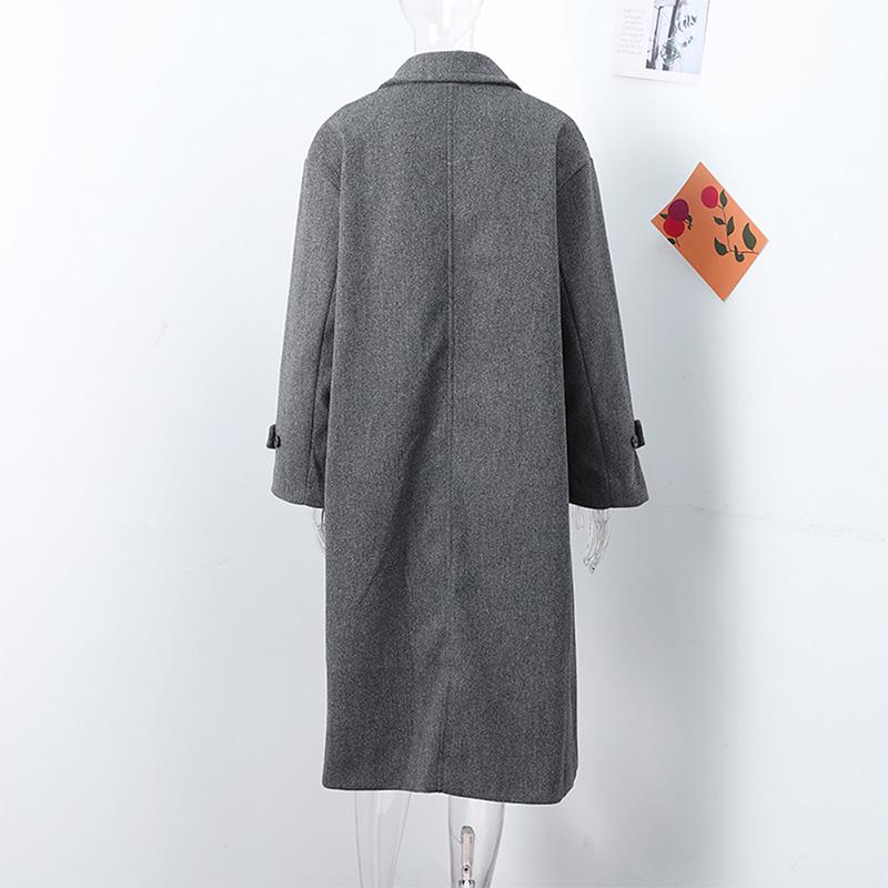 Женская мода шерстяная смесь теплое длинное пальто осень-зима свободный карман двубортный пиджак элегантное пальто с лацканами
