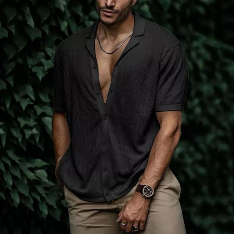 Однотонная рубашка с лацканами в стиле ретро для мужской одежды, свободный топ с короткими рукавами на весну и лето для мужских повседневных рубашек