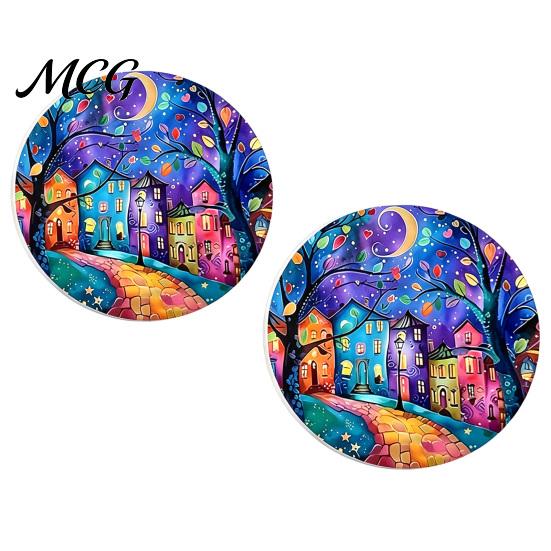 Easy Clean Car Coasters 2PCS Coasters, Oil Painting Print, Decorative Non-Slip Thermal Pads, Stain-Resistant Modern Accessory Gift to Cup Holders, for