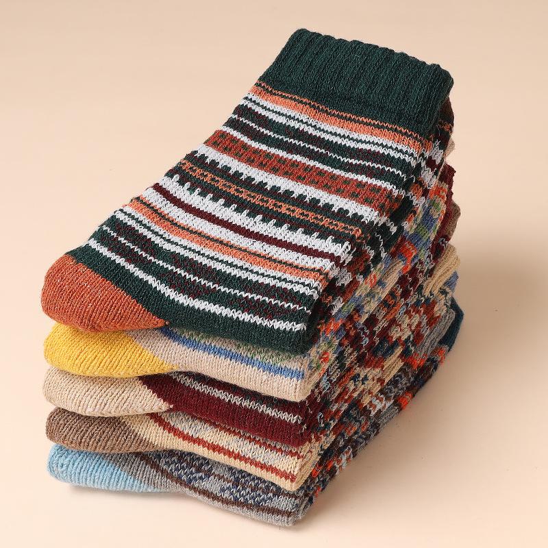 "Men's Retro Thick Thread Ethnic Style Mid-Tube Socks for Autumn & Winter (5-10 Pairs)"