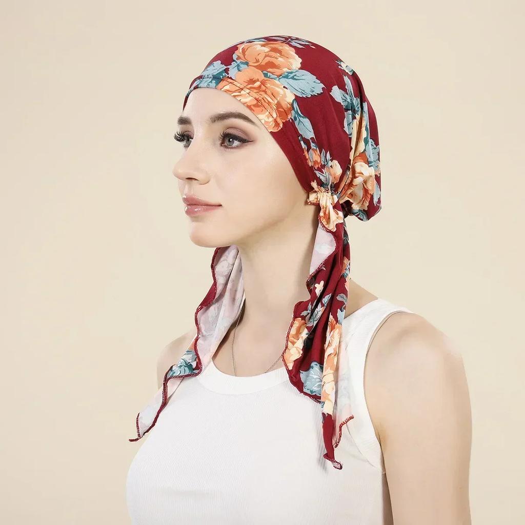 New Shimmer Pre-Tied Hat Women Muslim Hijab Turban Long Tail Headscarf Beanies Bonnet Hair Loss Chemo Cap Head Wrap Bandanas