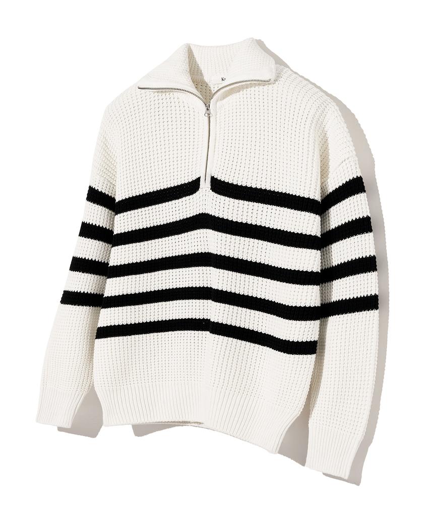 KNITTED Soft Cotton Heavy Waffle Half Zip Knit Stripe Ivory