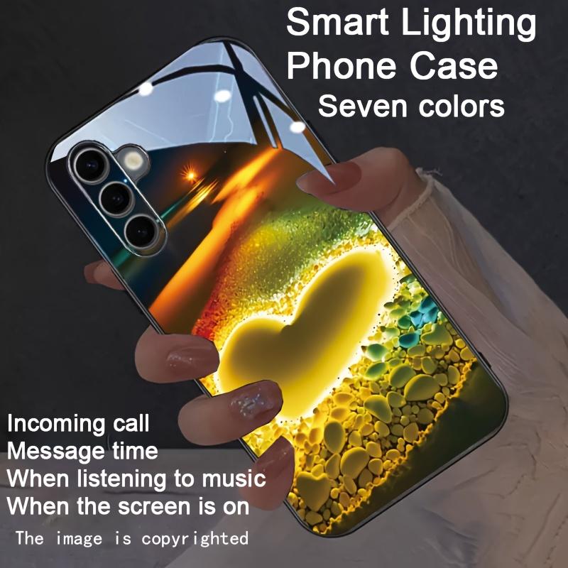 Korean Romantic Rainbow Love Heart Luminous Phone Case For Samsung S25 S24 S23 S22 S21 Ultra Plus FE A15 A16 5G Glass Cover LED