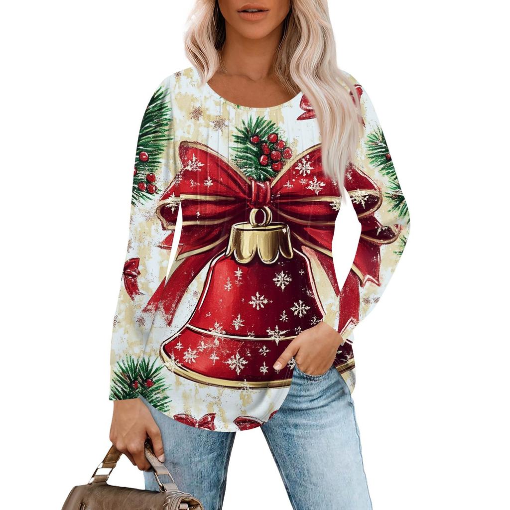 Женская повседневная футболка с круглым вырезом и длинными рукавами с рождественским принтом и складками