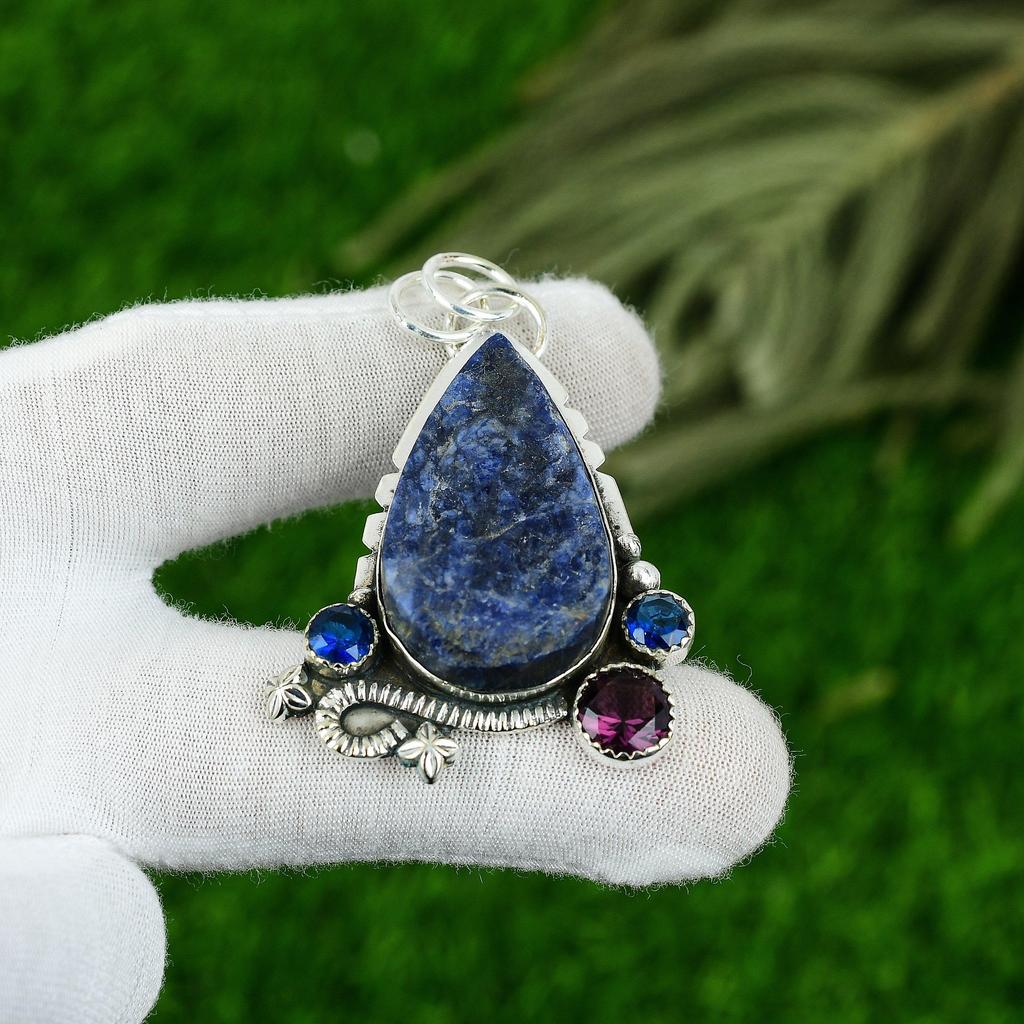 Natural Sodalite Rough Gemstone Pendant Blue 925 Sterling Silver Indian Jewelry