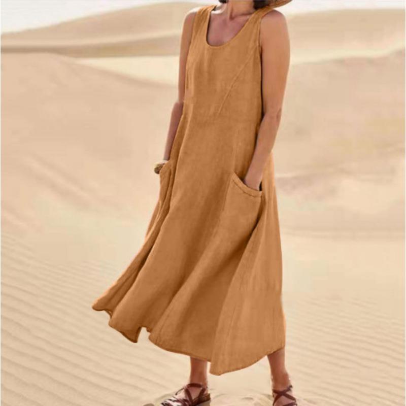 Summertime Pocket Sleeveless Round Neck Women Cotton and Linen Dress