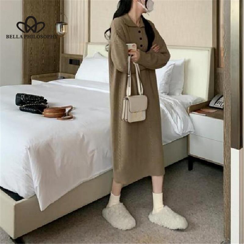 Длинное вязаное платье в корейском стиле в ленивом стиле с лацканами, весна-осень 2024, новый дизайн, однотонное базовое платье-свитер