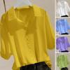Women Summer Shirt Tops Lapel Collar Half Sleeve Blouse Solid Color Loose Fit Buttons Decor Pullover Tops Work Party Vacation Tops
