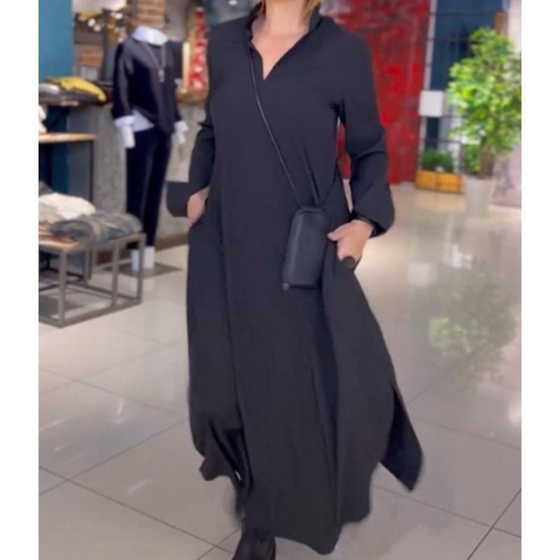 Женское осенне-зимнее повседневное платье с V-образным вырезом и длинными рукавами