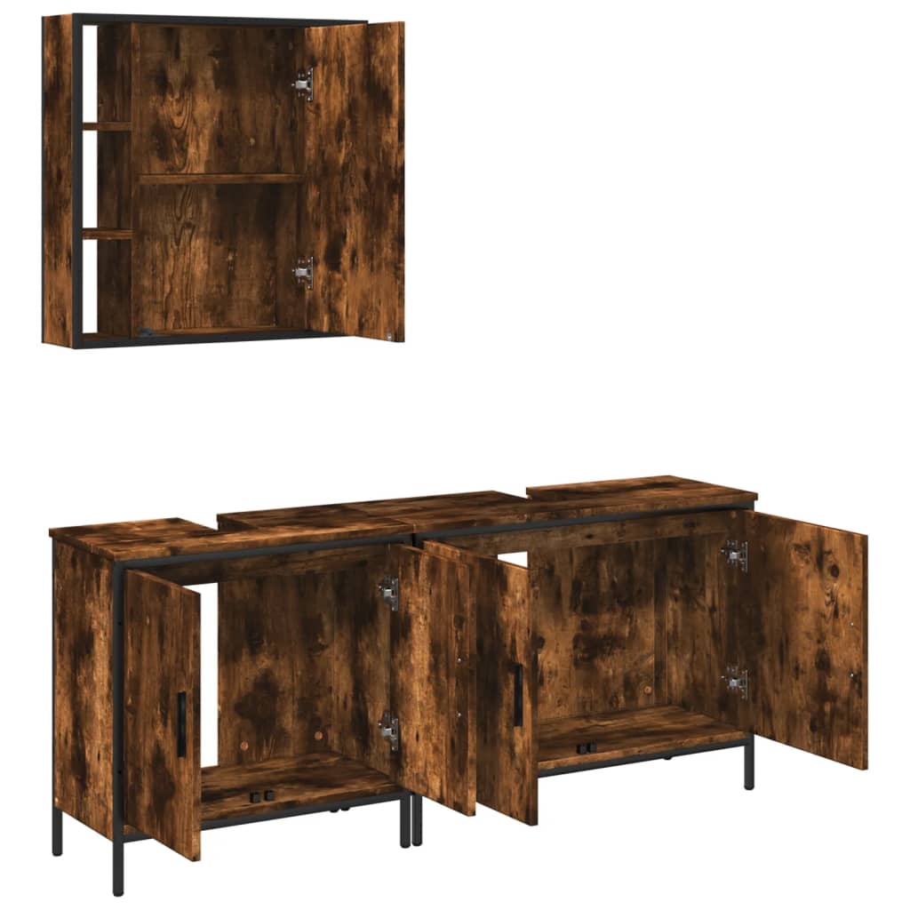 3 Piece Bathroom Furniture Set Smoked Oak Wood Based Material
