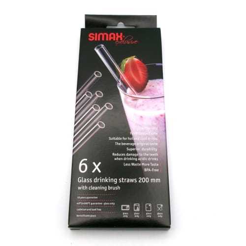 Czech-made, Dishwasher-safe SIMAX Heat-resistant Glass Straws, Set of 6, with Cleaning Brush, 20cm, Straight.