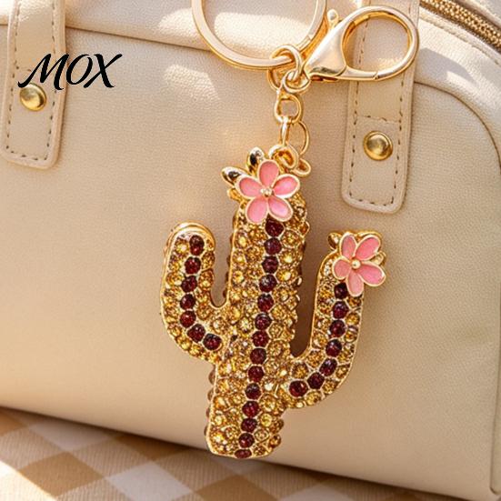 Golden Plated Key Holder Bling Rhinestone Cactus Keychain, Pink Flower Keyring Pendant Pendant, Handbags Backpacks Purse Charm Accessory Decoration