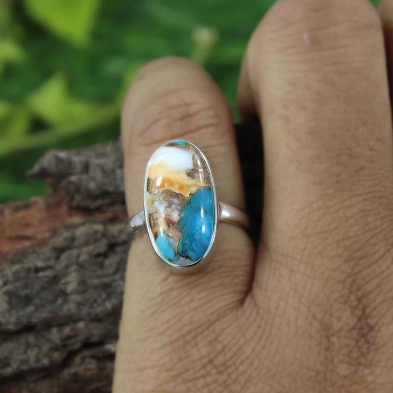 Oyster Copper Turquoise Oval Gemstone Ring, Handmade Jewelry, Ring For Women, Birthday Gift, Bezel Ring, Designer Ring, 925 Silver Ring
