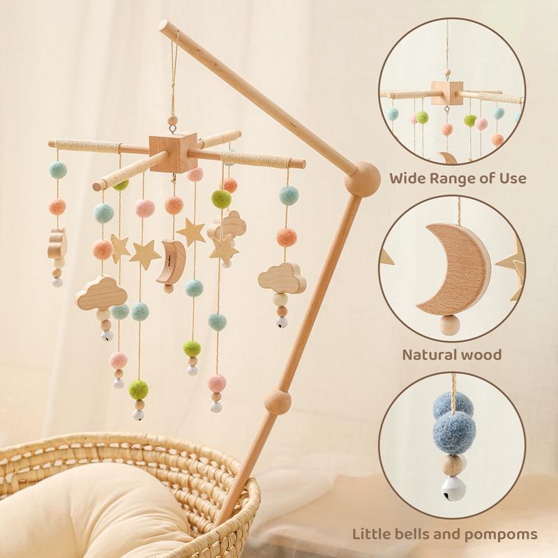 Baby Rattle Crib Mobile Toys 0 -12 Months Star Moon Wooden Bed Bell Musical Box Hairball Nordic Hanging Decor Accessories Gifts