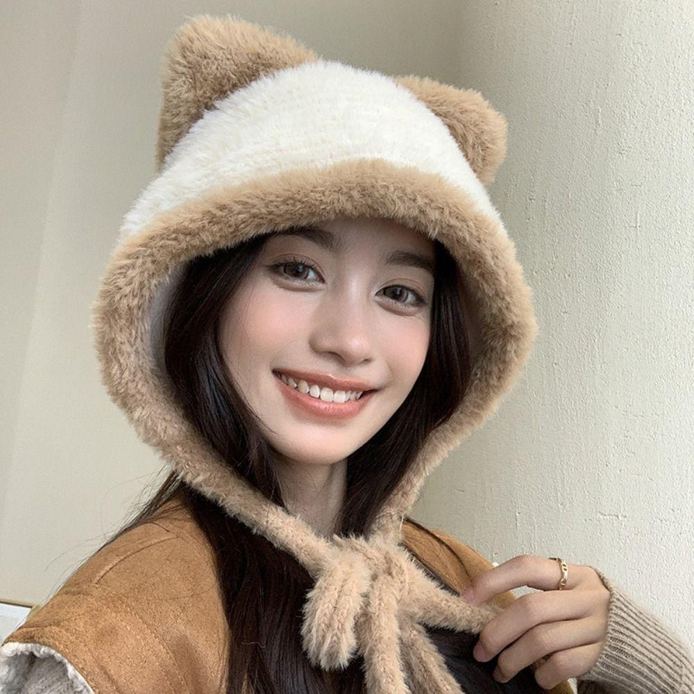 Plush Faux Fur Bucket Hat Korean Style Women Fluffy Hats Fashion Cute Cat Ear Hat Outdoor