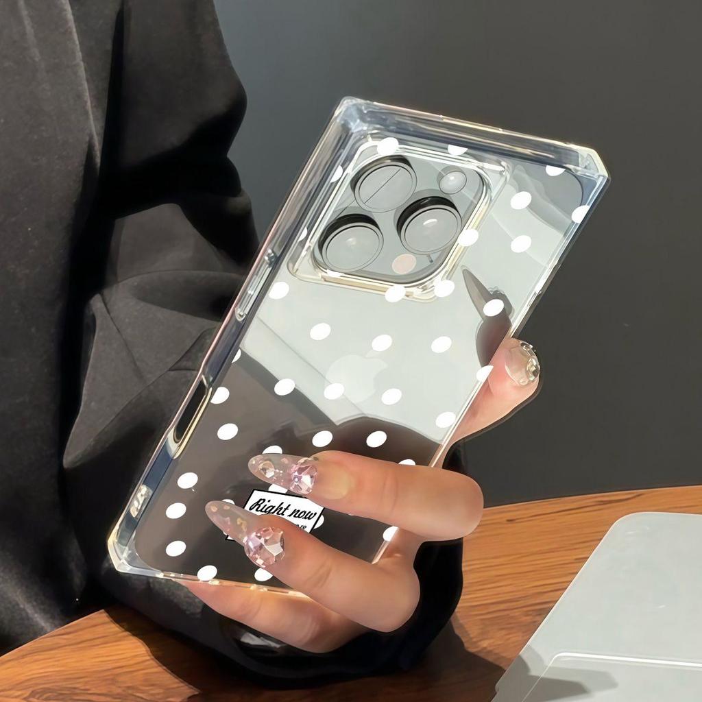 Square Back Tube Protection Clear Case For iPhone 15 Plus 12 16 ProMax 14 Pro Max 11 13 Anti-Oxygen,White Polka Dots Pattern Casing