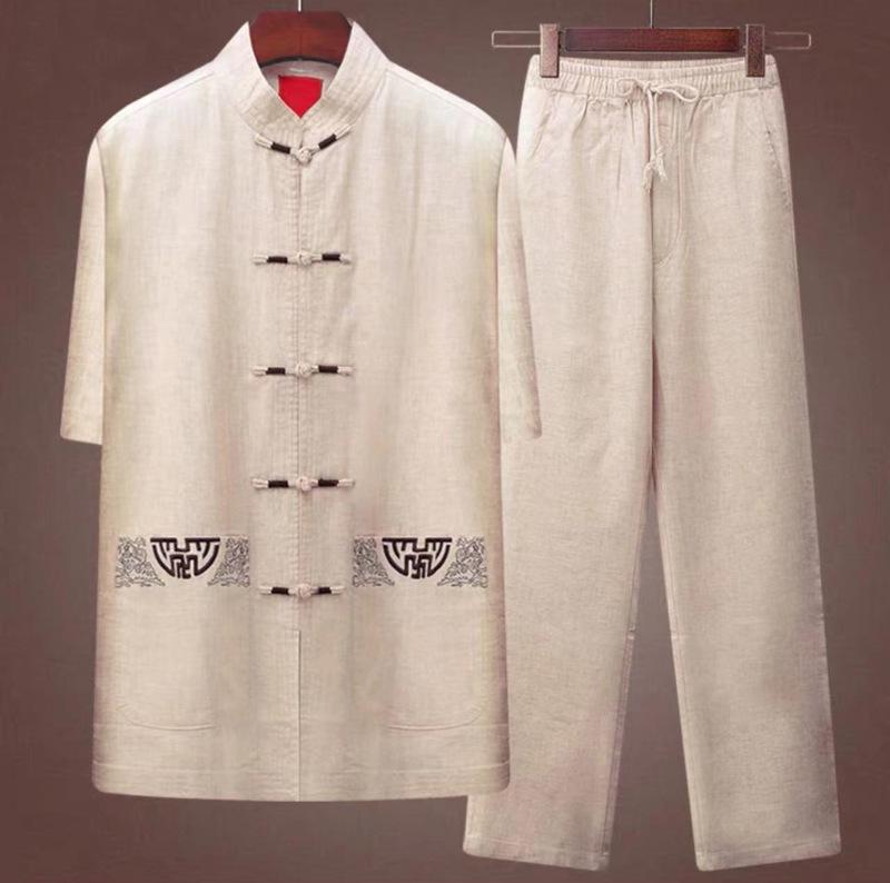Мужской костюм Тан из хлопка и льна - летний наряд в китайском стиле с короткими рукавами для людей среднего и пожилого возраста