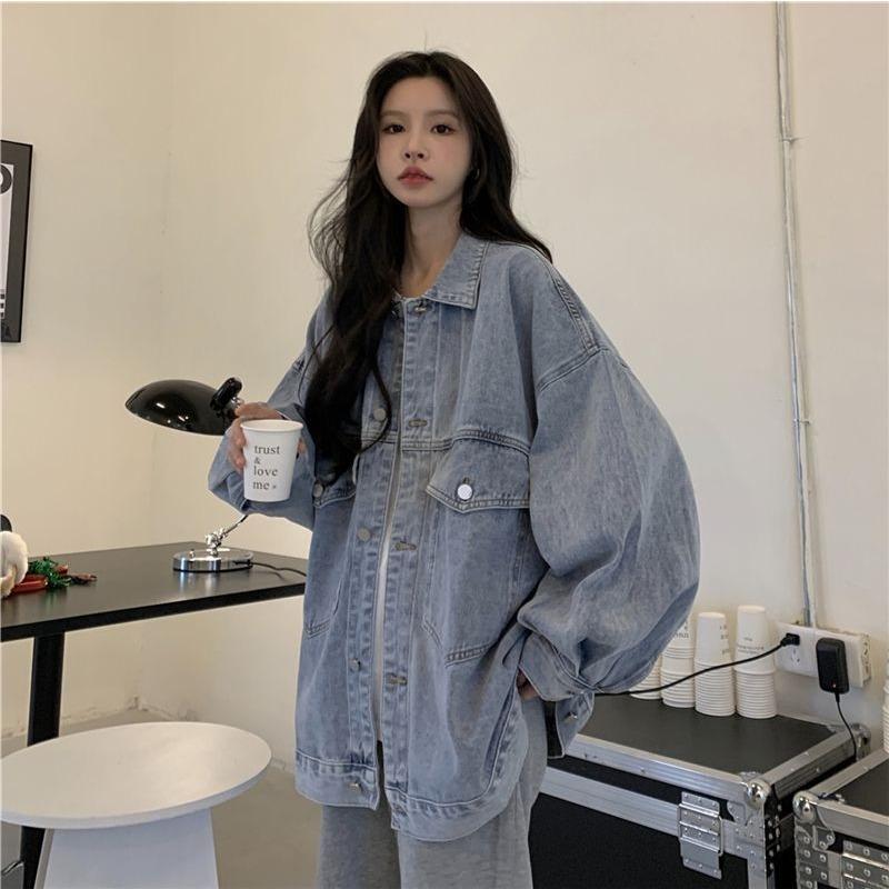 Джинсовая куртка женская большого размера осенняя ретро-стиль BF с принтом букв, свободный топ с длинными рукавами