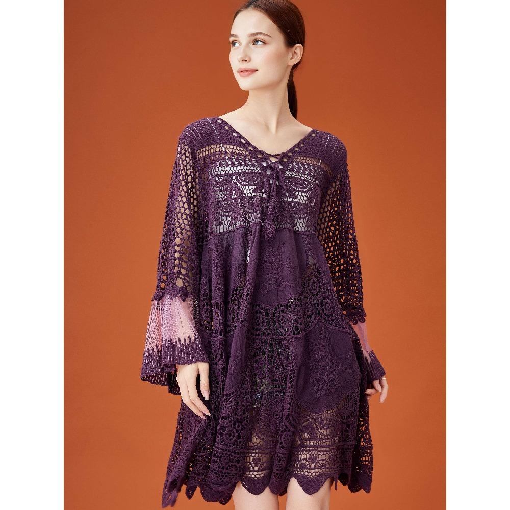 DIMANAF 2026 Новое летнее женское длинное базовое вязаное платье с рукавами Модное кружевное платье Повседневное свободное