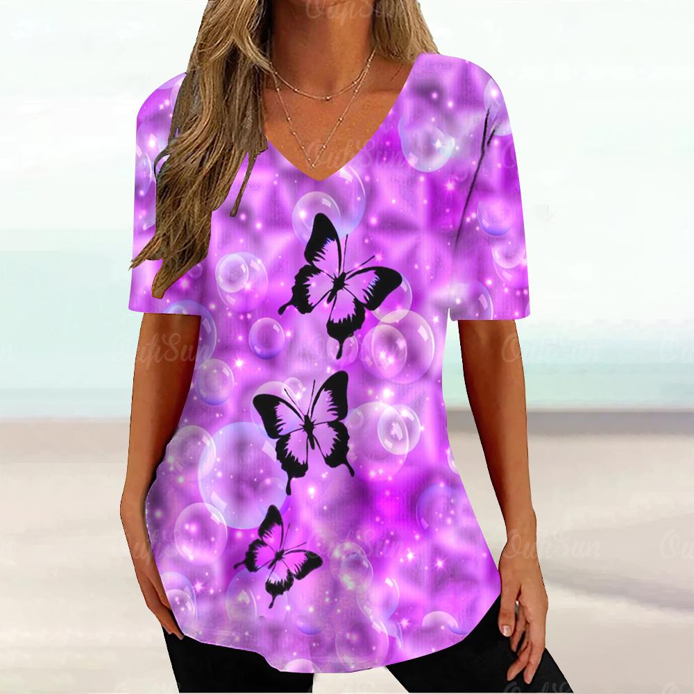 Summer V-neck 3D Floral Printed Top Fashionable Casual Short Sleeved Women's T-shirts