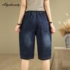 2025 New Summer Women Blue Denim Capris High Waist Letter Embroidery Basic Ladies' Knee-Length Patchwork Jeans