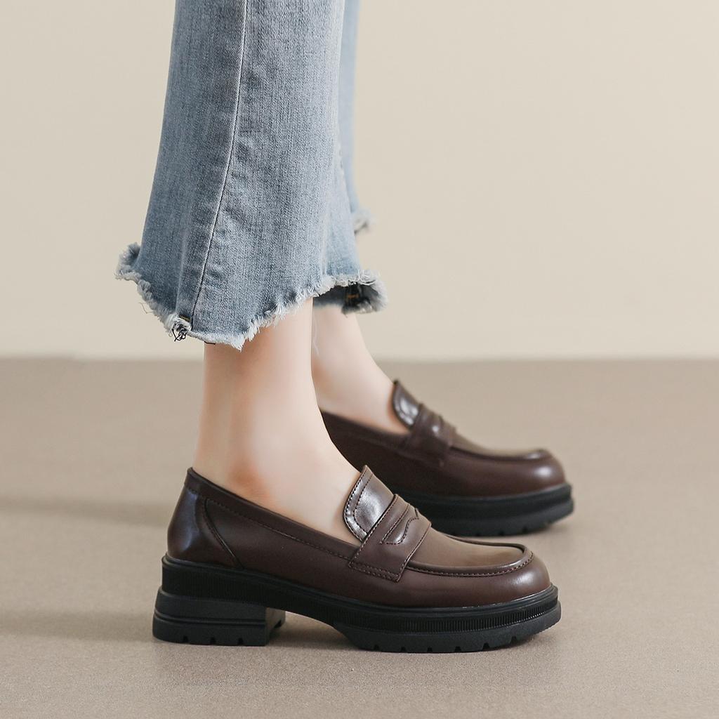 Weiwei Girl 8009-1 Platform Loafers Women's Retro Maillard Brown Small Leather Shoes Thick Heel Soft Sole Single Shoes