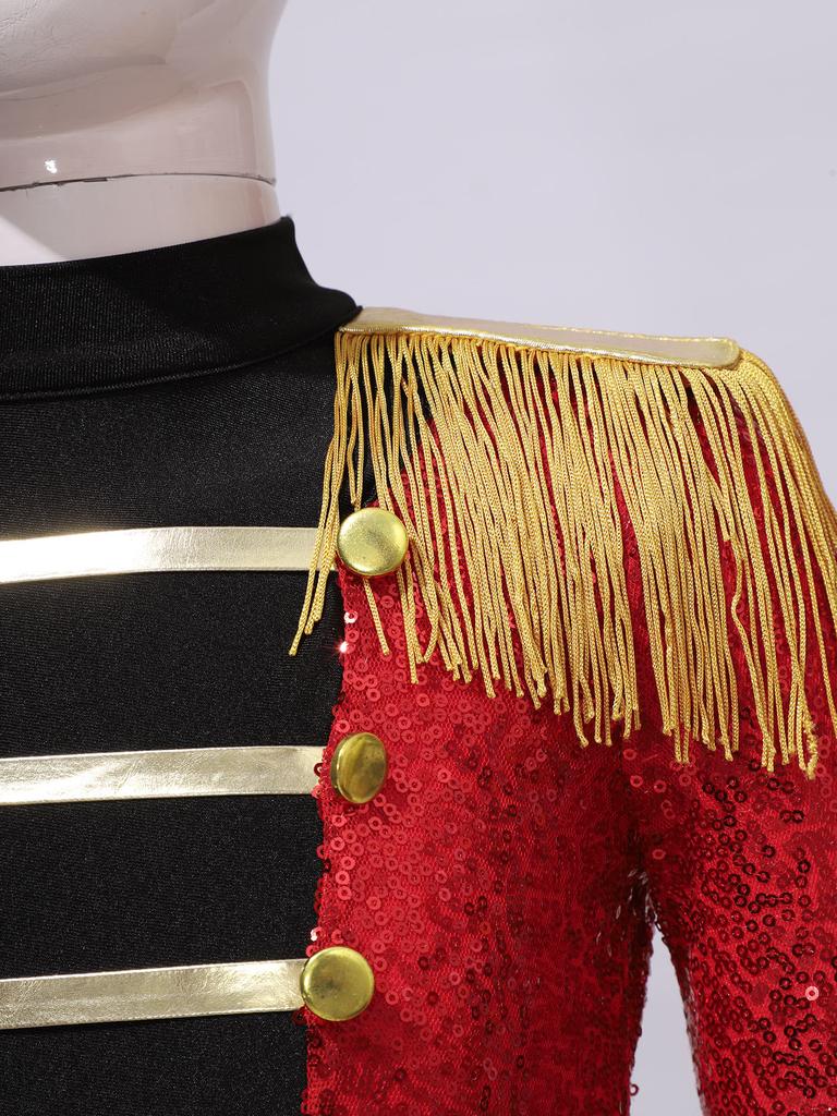 Girls Ringmaster Circus Costume Long Sleeve Tassel Epaulet Shiny Sequins Design Jumpsuit Dress
