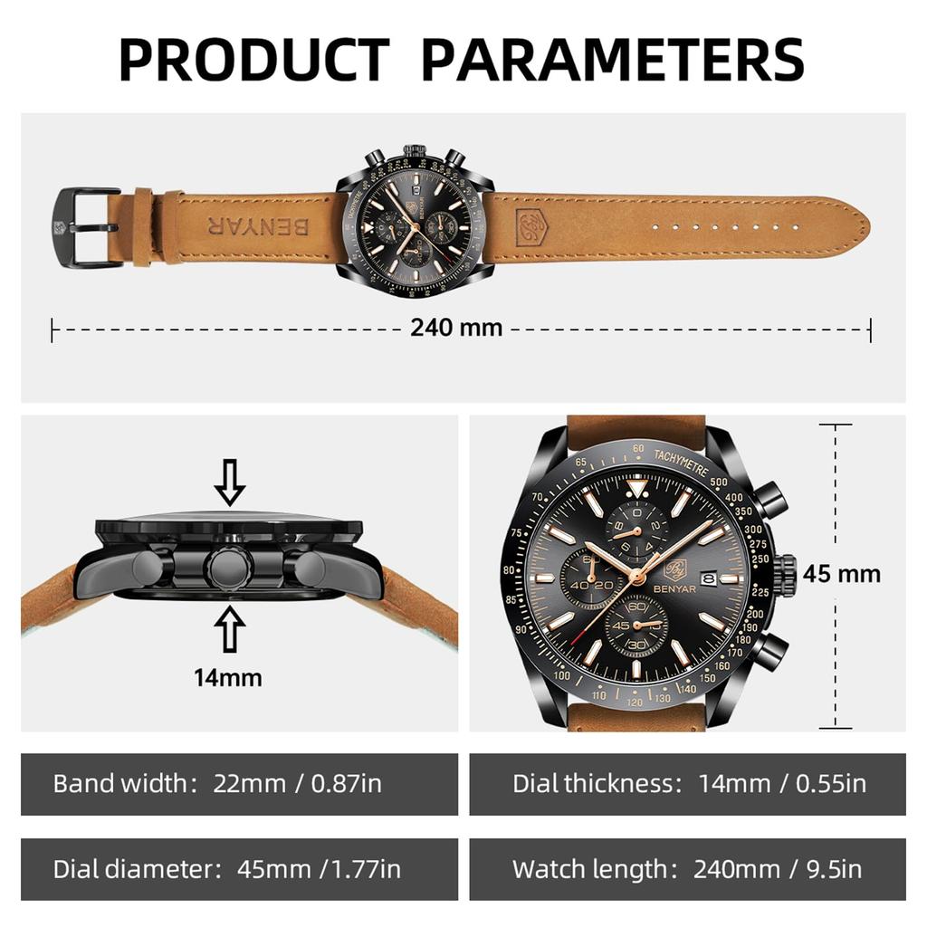 BY BENYAR Watch Watch Chronograph Analog Watch 30M Water Resistant Business Simple Stylish Popular Formal Leather Belt Quartz Watch Gift for Men Men's