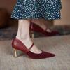Burgundy Single Shoes Women's One-button Retro Mary Jane Shoes Shallow Mouth Gentle Shoes Pointed Thin Heel Temperament High Heels