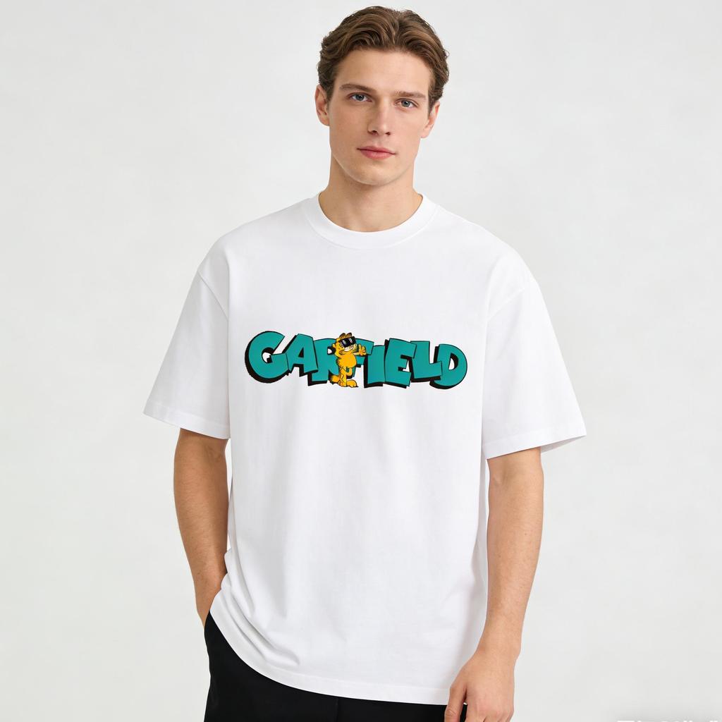 Garfield "ГАРФИЛД" Сине-голубая футболка с принтом букв, короткий рукав, американский бренд уличной одежды, плотный хлопок, свободный крой, оверсайз, парный топ