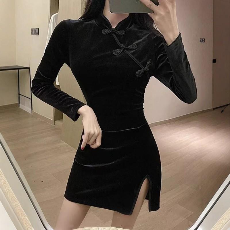 Black Velvet Short A-Line Dress With High Waist Mandarin Collar Petite Women