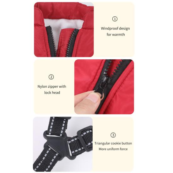 Dog Winter Coat with Zipper Padded Waterproof Jacket Harness Thickened Windproof Snow Jacket for Small Medium Large Dogs
