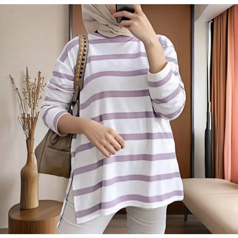 Женская мода повседневная весна осень полосатый принт длинный рукав О-образный вырез блузки и рубашки
