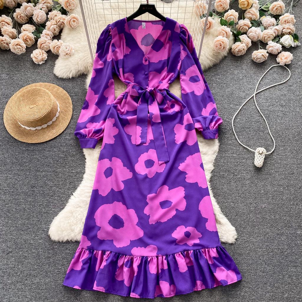 Модное женское платье с цветочным принтом, осеннее элегантное винтажное Бандажное длинное платье макси с рюшами по подолу, вечерние платья