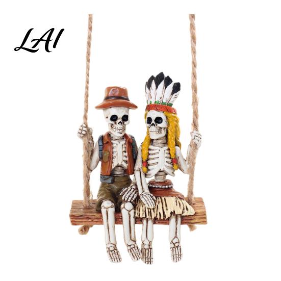 Resin Adventure Statue Swing Couple Skeleton Statue Man Indian Woman Style Figurine Figurine Halloween Hanging Ornament for Indoor Window