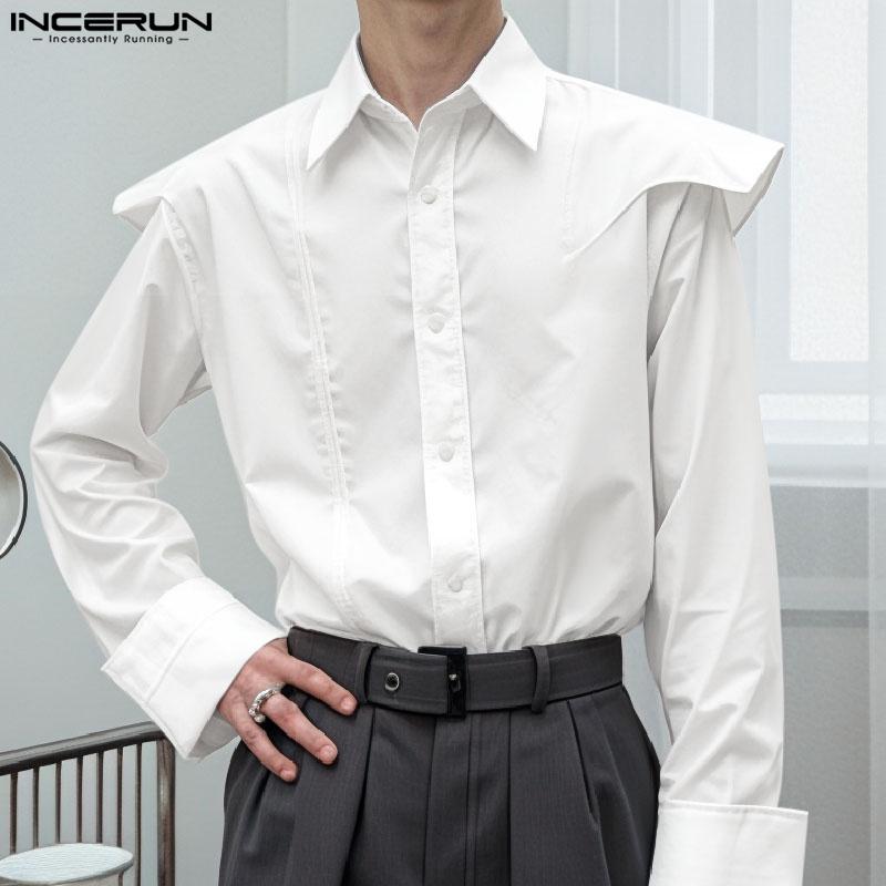 INCERUN Men Lapel Neck Ruffled Shoulder Long Sleeve Buttons Up Casual Shirts