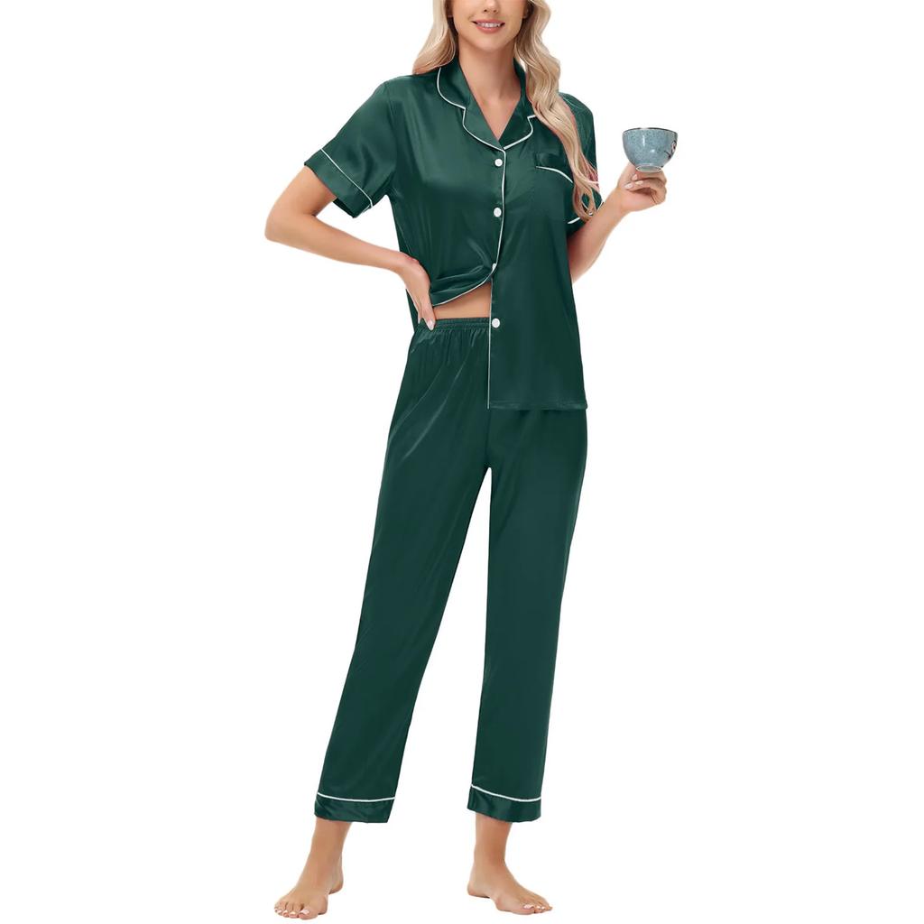 Ice Silk Pajamas Satin Suit Short-sleeved Trousers Plus Size Women's Home Wear