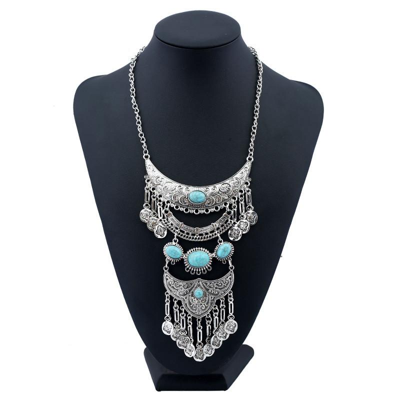 Vintage Long Women Tassel Necklace With Gemstone Leaf Art Jewelry Accessory